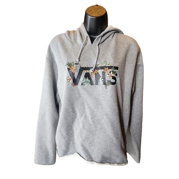 VANS Hoodie Womens Medium Floral Embroidered Raw Hem Cut Off Pullover Sweatshirt - Picture 11 of 16